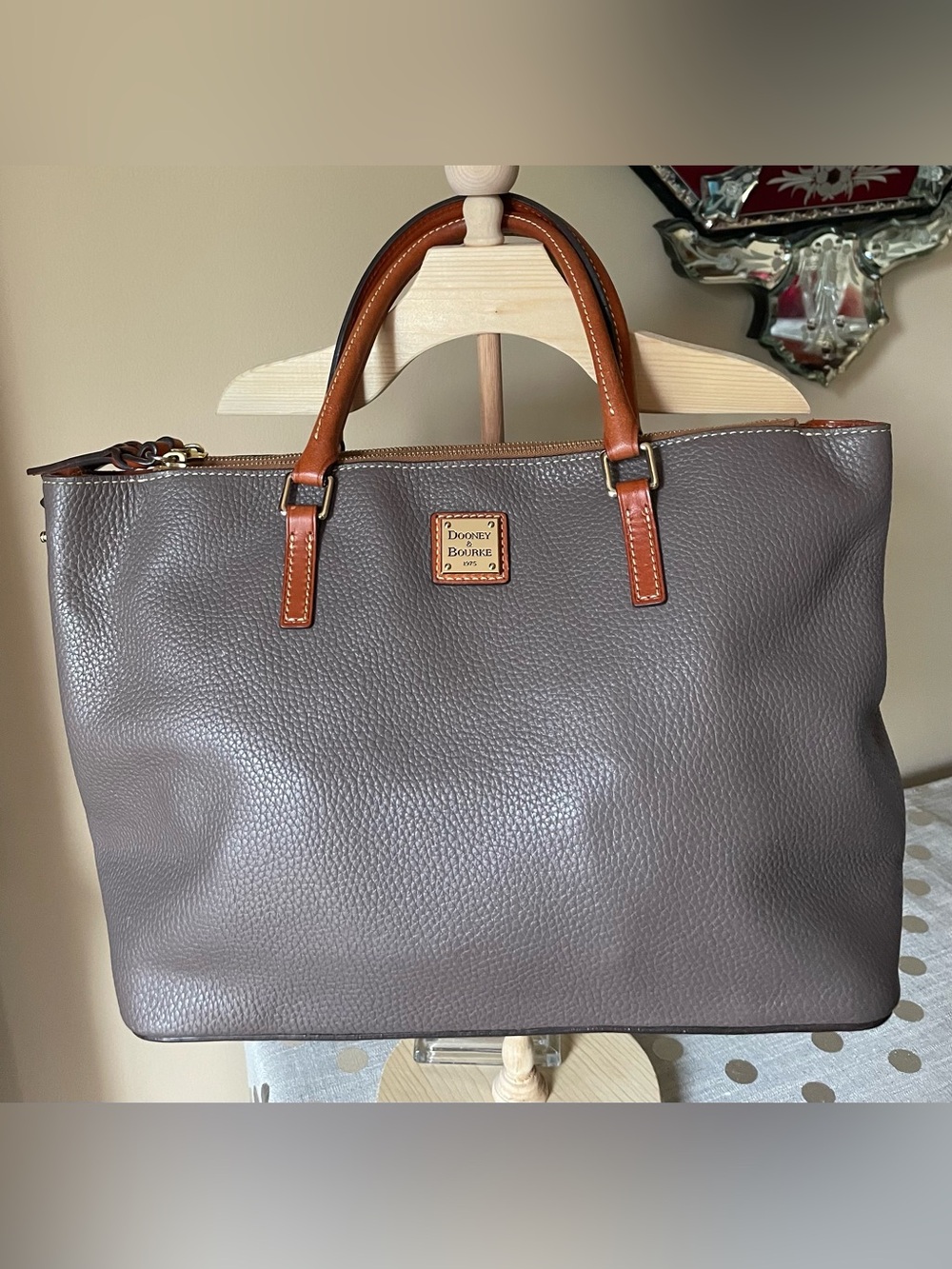 “Dooney & Bourke” Elephant Gray Pebbled Leather Satchel w/Brown Handles & Trim.